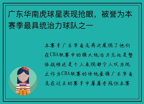 广东华南虎球星表现抢眼，被誉为本赛季最具统治力球队之一